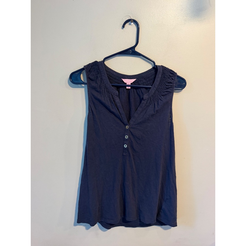 Lilly Pulitzer Womens Navy Blue Cotton Smocked Henley Tank Top Small 3086